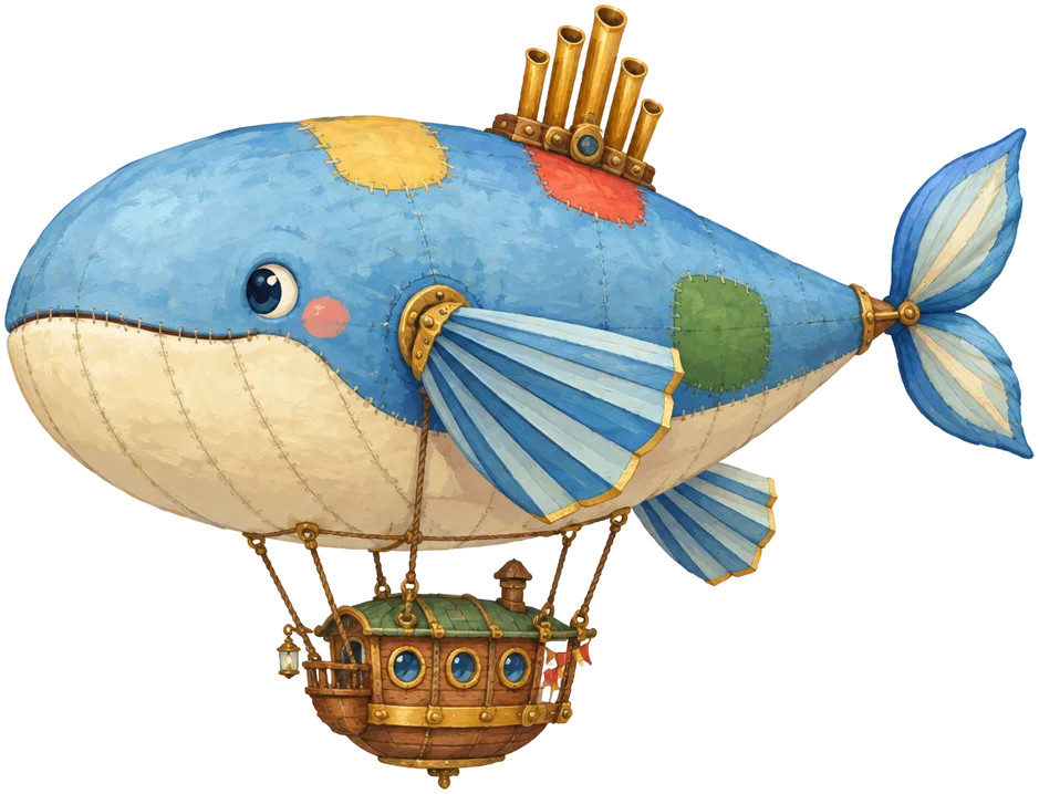 The Bellows, balon udara berbentuk paus biru dengan sirip berlipat dan kabin kayu kecil