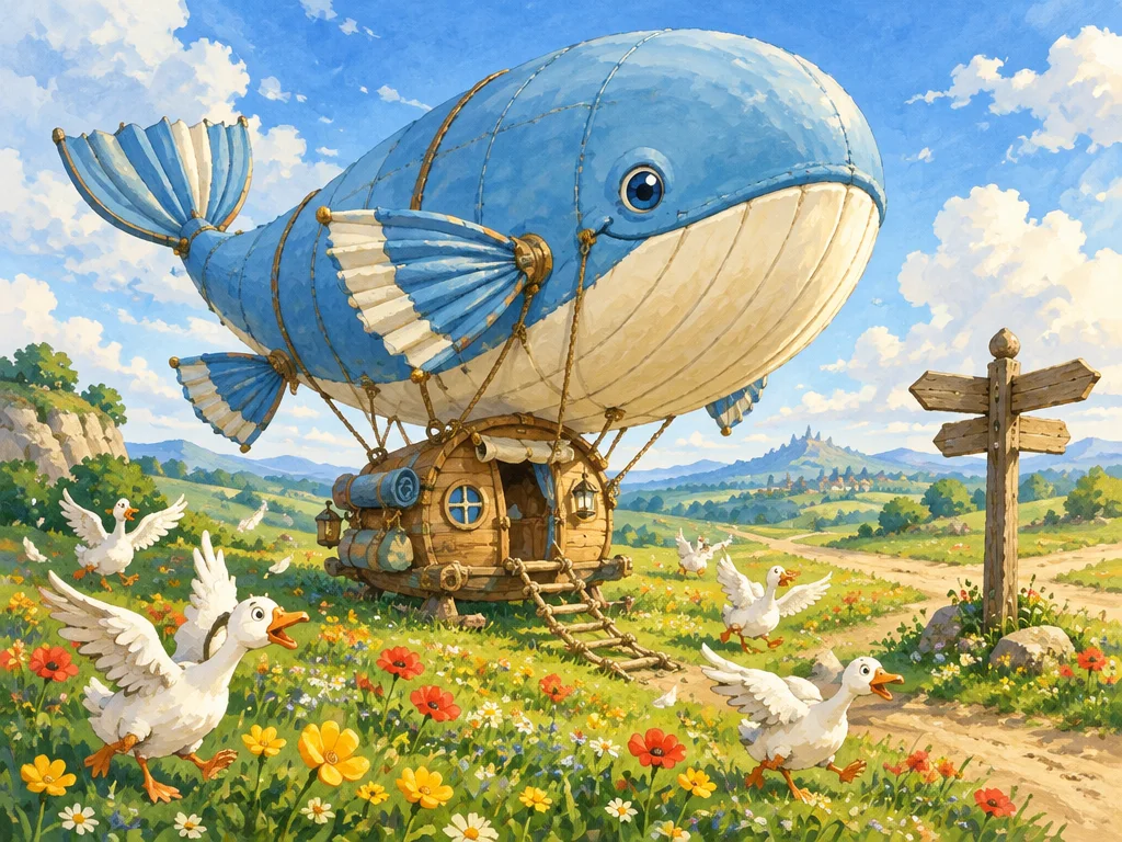 The Bellows, balon paus biru, mendarat di padang bunga di samping papan penunjuk jalan, angsa berhamburan